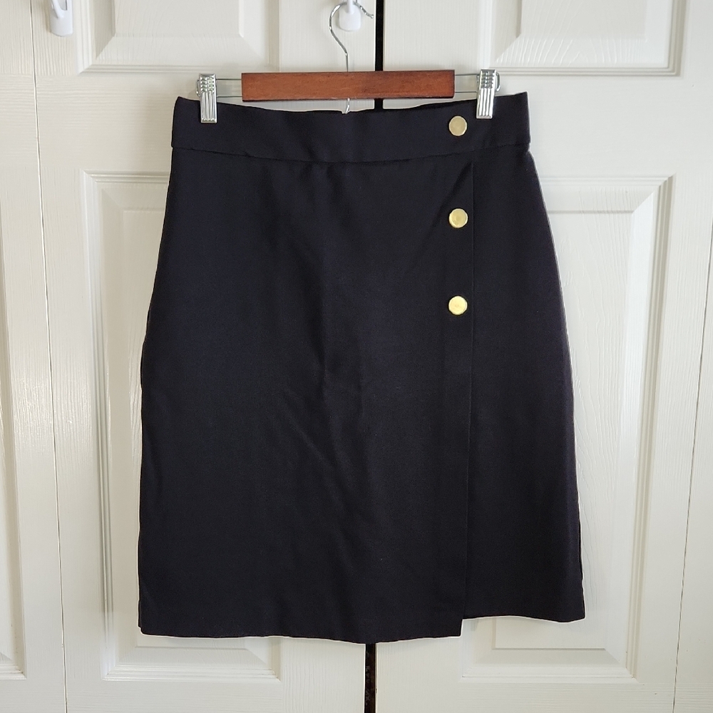 Liz Claiborne Career Black Pencil Skirt Size 8 Gold Buttons Faux Wrap‎ Office